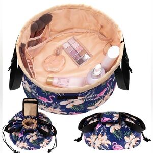 Floral Flamingo Drawstring Makeup Bag - Navy Pink